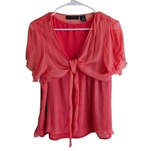 Vintage Y2K Guava Pink Romantic Fairy Sheer Tie Front Short Sleeve Silk Blouse